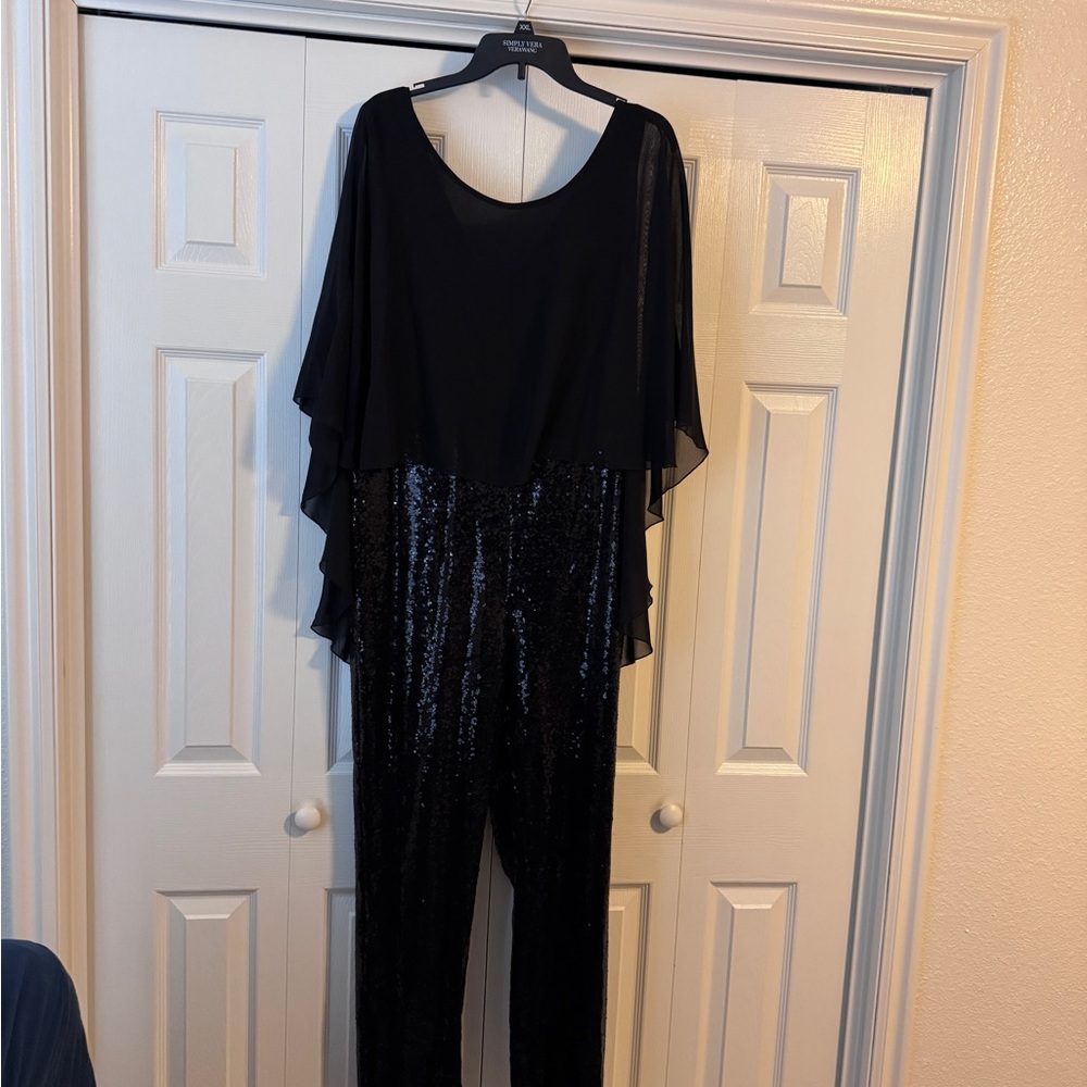 VENUS Black Sequin Jumpsuit with Cape Overlay